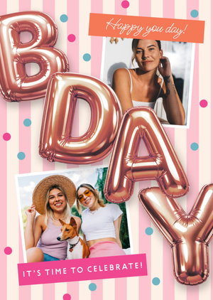 Bday Rose Gold Balloon Letters Photo Upload Birthday Card