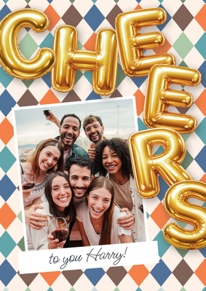Cheers Gold Balloon Letters Photo Upload Birthday Card