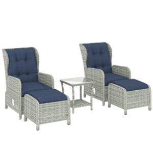 Outsunny 5 Piece Garden Furniture Set, Rattan Reclining Garden Chair Set of 2 with Footstool and Cushion for Balcony, Dark Blue