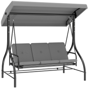 Outsunny 3 Seater Canopy Swing Chair, 2 in 1 Garden Swing Seat Bed, with Adjustable Canopy and Metal Frame, Light Grey