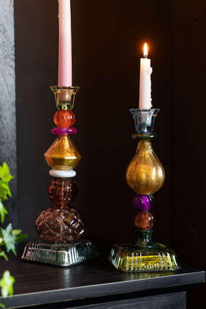 Set Of 2 Quirky Coloured Glass Candlesticks