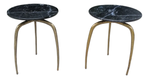 Revelation Modern Black Marble and Forged Gold Metal Wishbone Round Side Tables- A Pair