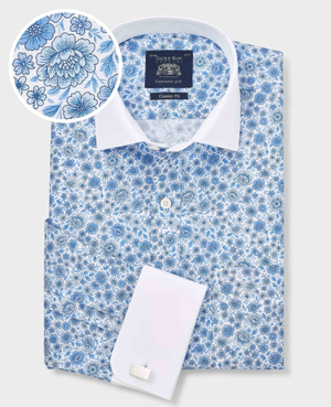 Blue Classic Fit Cotton Poplin Floral Print Winchester Formal Shirt - Double Cuff