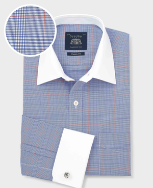 Blue Prince of Wales Check Cotton Poplin Classic Fit Winchester Formal Shirt - Double Cuff