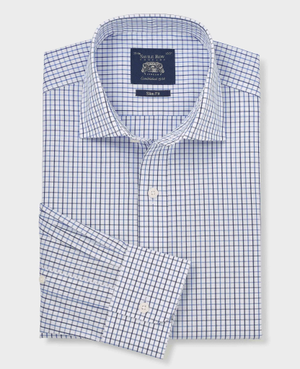 White Blue Cotton Poplin Slim Fit Check Formal Shirt - Single Cuff