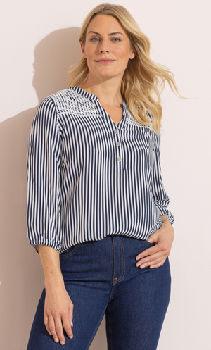 Anna Rose Embellished Striped Blouse - Navy/White