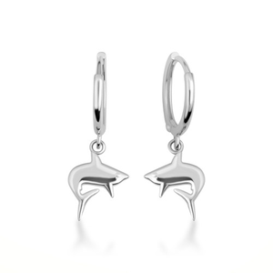 .925 Sterling Silver Sea Shark Drop Huggie Hoop Earrings