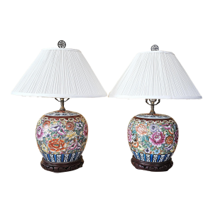 Vintage Hand-Painted Floral Porcelain Table Lamps – a Pair