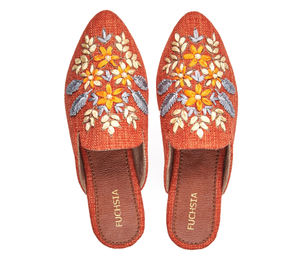 Blossom Bliss Orange - Handmade Embroidered Canvas Mules By Fuchsia Shoes (10 UK)