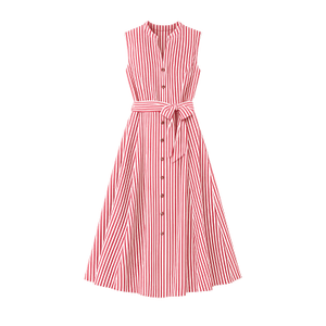 Yumi Red Stripe Midi Sleeveless Shirt Dress (L)