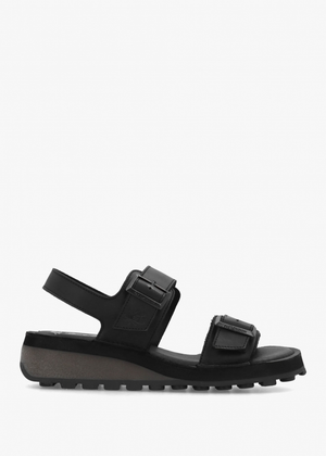 Heif Black Leather Double Buckle Low Wedge Sandals