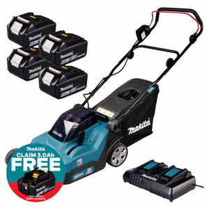 Makita DLM382Z 380mm Twin 18V LXT Cordless Lawn Mower with 4x 6.0Ah Batteries and Charger