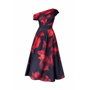 Betty Asymmetric Neckline Skater Midi Black Floral (L)