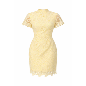 Maryam Cap Sleeve High Neck Lace Mini Dress Yellow (M)
