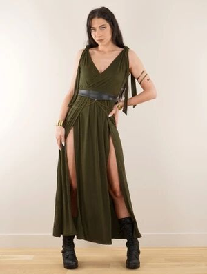 'Robe longue cache coeur fendue devant "Löre", Vert kaki'