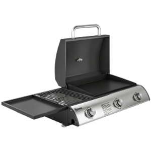 Outsunny 3 Burner Portable Gas Plancha BBQ Grill, 7.5 kW Outdoor Tabletop Gas Barbecue Grill with Griddle, Thermometer,, Black