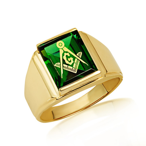 Yellow Gold Custom Emerald Cut Birthstone Freemason Square & Compass Signet Ring