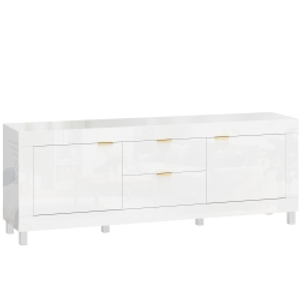 HOMCOM Mueble TV para televisores de hasta 190,5 cm, centro de entretenimiento moderno con 2 armarios y 2 cajones, Blanco alto brillo
