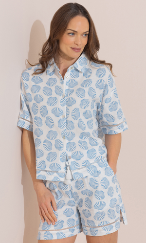 Short Sleeve Shell Printed Cotton Blouse - White/Blue