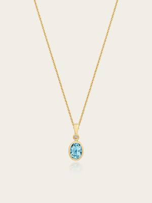 Yara Natural Swiss Blue Topaz & Diamond 9K Yellow Gold Rubover Oval Pendant