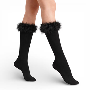 Frou-Frou Faux Fur Trim Combed Cotton Socks - Black (one size)