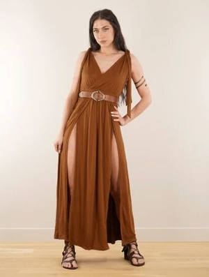 'Robe longue cache coeur fendue devant "Löre", Caramel'