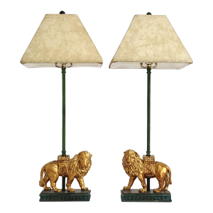 Lamps Gold Lions & Shades Pair