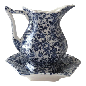 Mid 20th Century Blue & White Rose Chintz Ware Enesco, Japan Pitcher Bowl Set- 2 Pieces