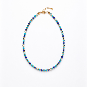 Blue Evil Eye Beaded Necklace – Gold Detail Summer Choker (17")