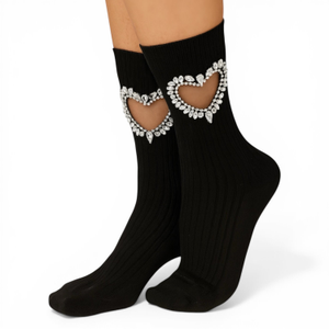 Gem Crystal Heart Sock - Black (one size)