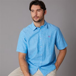 Crew Clothing Mens Classic Fit Short Sleeve Linen Shirt Malibu Blue/Heritage White