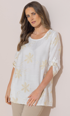 Shimmer Embroidered Tunic Top - Ivory/Gold