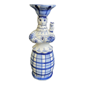 Vintage Gzhel Porcelain Girl With Cat on Shoulder Figural Vase - Candlestick