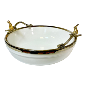 Vintage French Porcelain Hollywood Regency Metal Trimmed Faux Bois & Bunny Serving Bowl - Easter