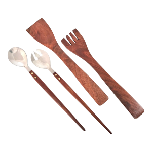 Mid Century Teak Salad Servers – Danish Modern Wood & Stainless Serving Utensils, Barware Set