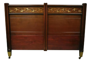 Herts Brothers Edwardian Mahogany Brass Satinwood Inlay Queen Bed Headboard