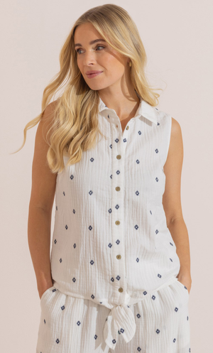 Embroidered Textured Sleeveless Cotton Top - White/Navy