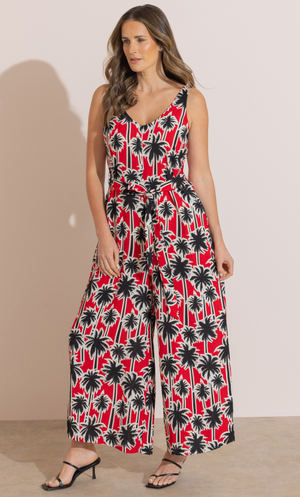 Printed Wide Leg Jumpsuit - Red/Black Multi