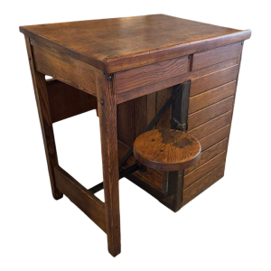 Antique Industrial Oak Wood Typesetter Desk With Swing-Out Seat
