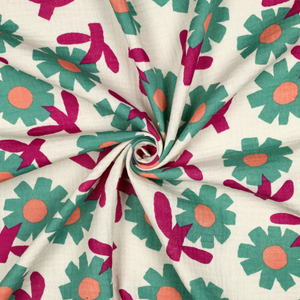 Tissu double gaze imprimé Jennifer Bouron - Fleurs vertes sur fond naturel