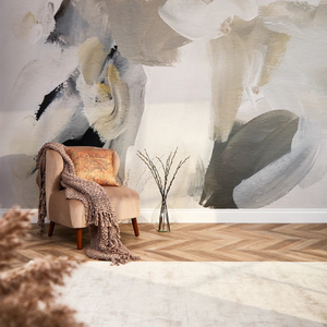 Contemporary Full Wall Art Mural in Charcoal, Stone and White