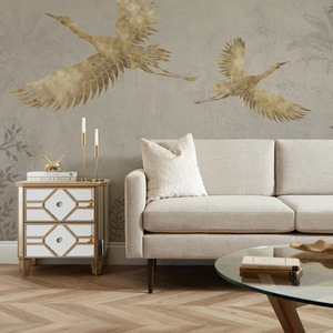 Oriental Cranes Full Wall Mural in Stone with Gold Effect