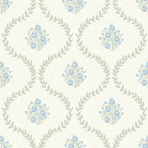 Posy Trellis Wallpaper in Blue and Sage on Cream
