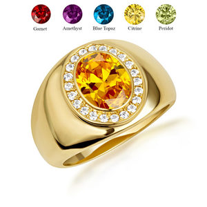 Gold Oval Gemstone Diamond Halo Signet Ring (Available in Yellow/Rose/White Gold)