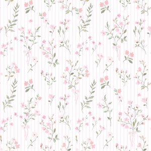 Sample of Floral Pinstripe Wallpaper in Light Pink and Pink