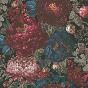 Sample of Grand Peony Garden Wallpaper in Burgundy and Blue