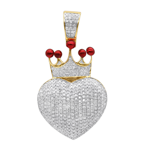 Real 10K Gold Fully Iced Out Puffed Diamond Crown Heart Pendant 1 Carat