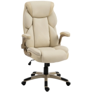 HOMCOM Silla de Oficina con Masaje Vibratorio de 4 Puntos Calor Lumbar Brazos Abatibles Respaldo Alto Altura Ajustable Crema