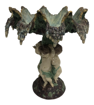 Antique Majolica Cherub Pedestal Centerpiece