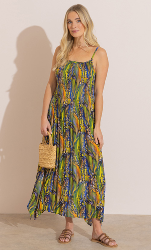 Printed Pleated Midaxi Dress - Green/Blue